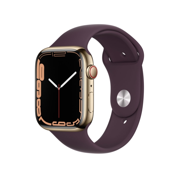 Apple Watch Series 7 GPS+Cellular Model 45mm Mkjx3J/A Gold Stainless Steel Case/Dark Cherry Sport Band Smart Watch